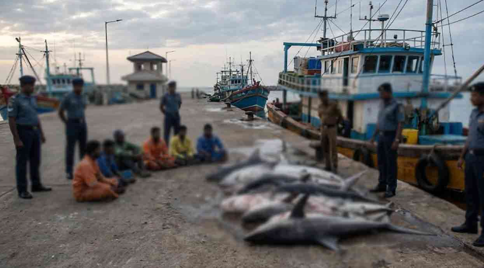 850 கிலோ கிராமிற்கும் அதிக நிறையுடைய சுறா மீன்களுடன் அறுவர் கைது 850 கிலோ கிராமிற்கும் அதிக நிறையுடைய சுறா மீன்களுடன் அறுவர் கைது